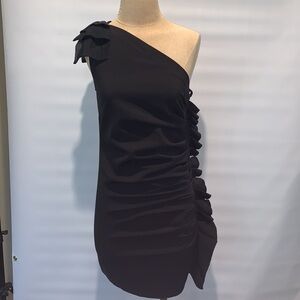 Gold Hawk black ruffle one shoulder dress, XS